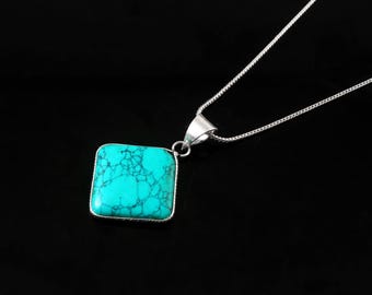 Handgefertigte Türkis-Halskette, Anhänger aus 925er Silber, Boho-Schmuck für Damen