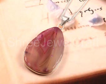 Pink Agate Teardrop Pendant Necklace | Natural Banded Agate Silver Jewelry