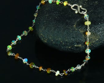 Ethiopian Opal Bracelet - Sterling Silver Beaded Chain, Handmade