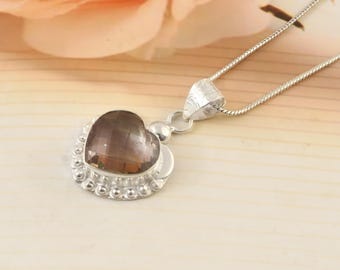 Smoky Quartz Heart Charm Necklace, Handmade Sterling Silver Jewelry