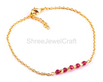 14K Gold Ruby Bracelet, Dainty Red Gemstone Chain, Minimalist July Birthstone Jewelry