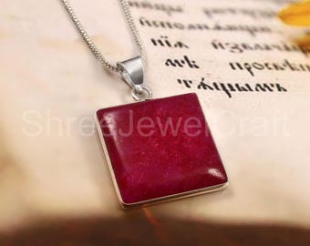 Red Coral Gemstone Pendant, Sterling Silver, Boho Necklace