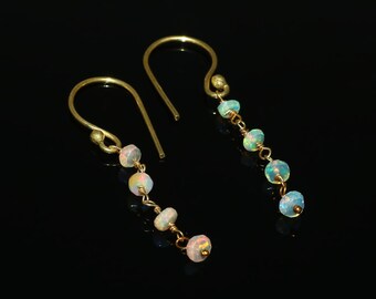 Handmade Ethiopian Opal Dangle Earrings, Gold Plated Sterling Silver, Minimalist Jewelry