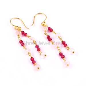 14K Gold Ruby & Rose Quartz Dangle Earrings, Multi Strand Tassel Earrings, Handmade Gemstone Jewelry