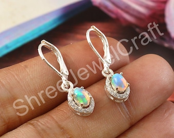 Ethiopian Opal Dangle Earrings, 925 Sterling Silver Halo Drop Jewelry