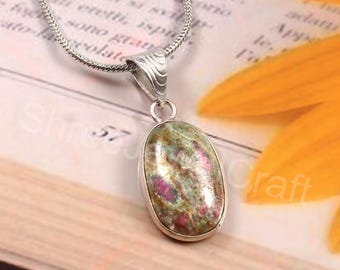 Oval Ruby in Zoisite Pendant, Sterling Silver, Handmade Bezel