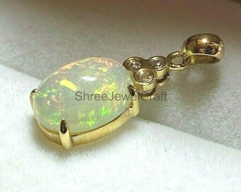 18K Gold Ethiopian Opal Pendant, Natural Oval Fire Opal Charm, Handmade Fine Jewelry