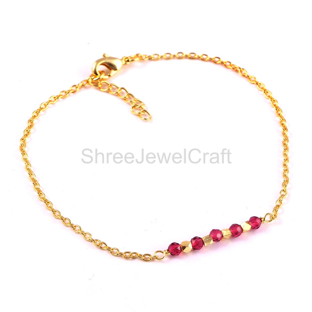 14K Gold Plated Red Ruby Bracelet Slim Chain Minimalist Stackable ...