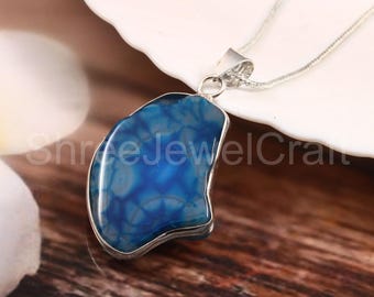 Blauwe agaat edelsteen hanger ketting | Natuursteen zilveren sieraden | Handgemaakt helende kristallen cadeau