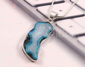 Blue Agate Slice Pendant: Sterling Silver Necklace, Handmade Healing Crystal Gift For Her