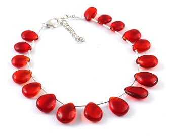 Handmade Red Glass Teardrop Beaded Bracelet with Silver-Tone Clasp – Elegant Jewelry