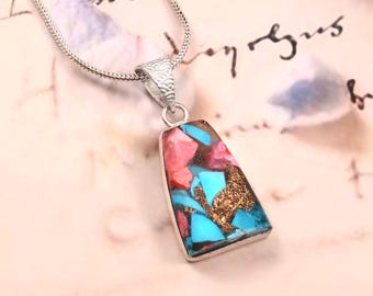 Collar con colgante de mosaico multicolor • Joyería de piedras preciosas de plata hecha a mano • Collar llamativo con incrustaciones de lapislázuli y coral turquesa