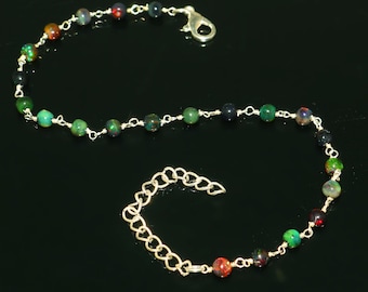 Black Opal Sterling Silver Beaded Bracelet | 7 inch Gemstone Jewelry
