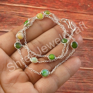 Ethiopian Opal Station Necklace, Sterling Silver Bezel Set Chain, Minimalist Gemstone Jewelry