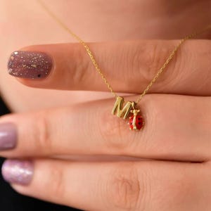 Colar personalizado com inicial 3D e joaninha – pingente de letra personalizado banhado a ouro em prata esterlina 925, presente de amuleto da sorte para ela