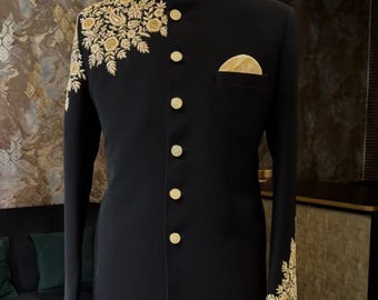Handmade black embroidered sherwani, golden black sherwani, wedding sherwani, groom sherwani, custom made sherwani, all sizes custom