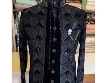 Handmade black embroidered sherwani, golden black sherwani, wedding sherwani, groom sherwani, custom made sherwani, all sizes custom