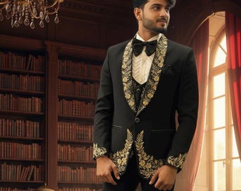 Esmoquin negro de lujo con bordado dorado a mano / Traje de novio de diseñador / Atuendo elegante para bodas y recepciones / Conjunto de blazer formal hecho a medida