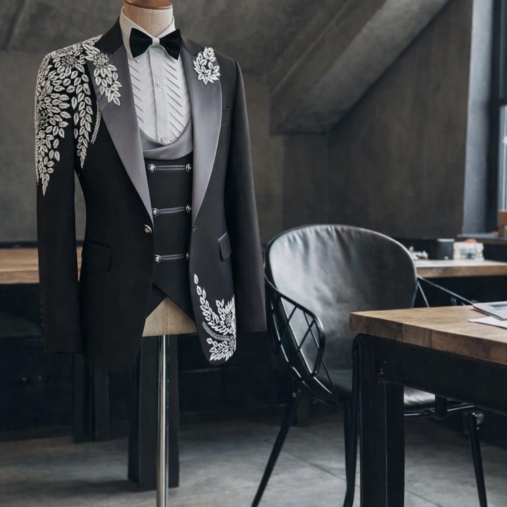 Luxury Black Tuxedo with silver Hand Embroidery Designer Groom Suit Regal Wedding & Reception Wear Custom Made prom Blazer Set