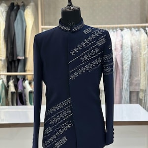 Handmade blue embroidered jodhpuri men,  jodhpuri jacket and kurta for men, indian wedding outfit men, custom made jodhpuri suit, men attire
