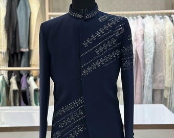 Handmade blue embroidered jodhpuri men,  jodhpuri jacket and kurta for men, indian wedding outfit men, custom made jodhpuri suit, men attire