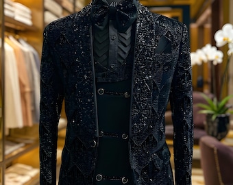 Express ship, Black Sequin Geometric Tuxedo | Luxury Designer 3-Piece Suit with Bow Tie | Statement Formal Wear for Wedding, Proms & Parties