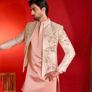 Pastel Pink Embroidered Sherwani Set for Men, Indian Wedding & Festive Designer Outfit custom made jodhpuri suit, designer bandhgala suit