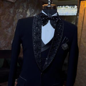 Handmade black embroidered tuxedo, pearl black tuxedo, proms tuxedo, groom tuxedo, custom made tuxedo, all sizes custom