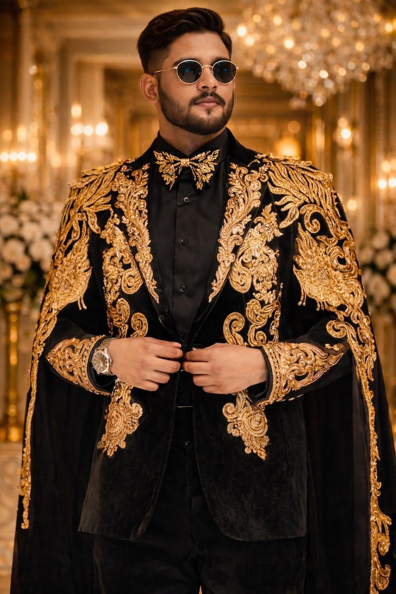 May include: Black velvet suit with gold embroidered cape and matching bow tie. The suit features intricate gold detailing on the shoulders and sleeves. The ensemble is completed with a black shirt and sunglasses.
