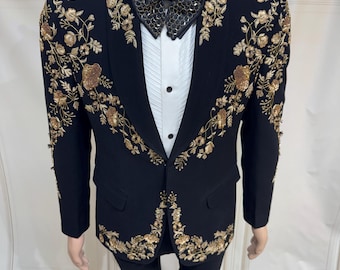 Luxury Black Velvet Embroidered Designer Tuxedo for Men, Baroque Wedding Suit, Couture Party Blazer, Handcrafted Formal Wear, Custom Tailor