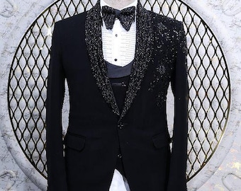 Black Sequin Lapel Tuxedo Jacket with Bow Tie | Designer Men’s Formal Blazer | Hand-Embellished Dinner Suit for Weddings, Parties & Proms