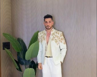 Men’s white Suit Set | Designer Flared Pants & Zipper Jacket | Statement Party Outfit | Luxury Ethnic Menswear, white wedding outfit