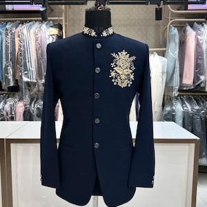 Handmade blue embroidered jodhpuri men,  jodhpuri jacket and kurta for men, indian wedding outfit men, custom made jodhpuri suit, men attire
