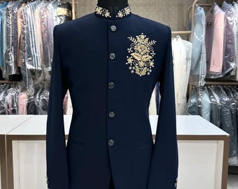 Handmade blue embroidered jodhpuri men,  jodhpuri jacket and kurta for men, indian wedding outfit men, custom made jodhpuri suit, men attire