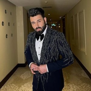 Handmade navy blue embroidered tuxedo, pearl navy blue tuxedo, proms tuxedo, groom tuxedo, custom made tuxedo, all sizes, navy blue tuxedo