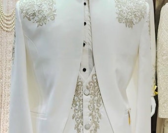 Elegante esmoquin blanco bordado, esmoquin blanco perla, esmoquin para bailes de graduación, esmoquin para el novio, esmoquin a medida, esmoquin a medida en todas las tallas