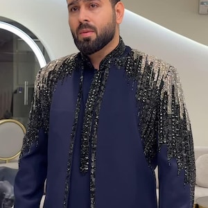 Handmade blue embroidered jodhpuri men,  jodhpuri jacket and kurta for men, indian wedding outfit men, custom made jodhpuri suit, men attire