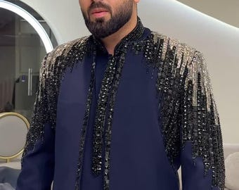 Handmade blue embroidered jodhpuri men,  jodhpuri jacket and kurta for men, indian wedding outfit men, custom made jodhpuri suit, men attire