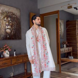 Mens kurta set, mens hand embroidered kurta pajama and stole, ivory kurta pajama for diwali and wedding, designer kurta for men, custom made