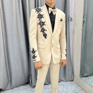 Beige embroidered tuxedo, pearl black tuxedo, proms tuxedo, groom tuxedo, custom made tuxedo, all sizes custom