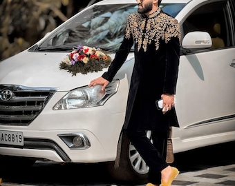 Handmade black embroidered sherwani, golden black sherwani, wedding sherwani, groom sherwani, custom made sherwani, all sizes custom