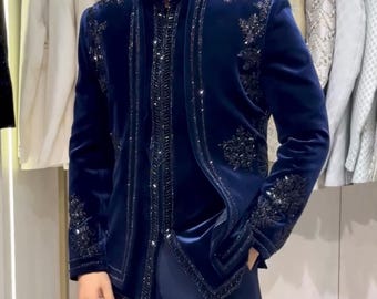 Handmade blue embellished with green pearls jodhpuri men, jodhpuri jacket for men, indian wedding outfit men, custom made jodhpuri suit,