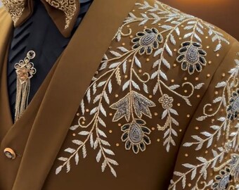 Brown white Embellished Designer Tuxedo Jacket – Sequin Embroidery, Luxury Partywear, Formal Suit for Wedding & Event