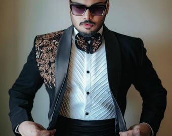 black and gold embroidered tuxedo, pearl ehite tuxedo, proms tuxedo, groom tuxedo, custom made tuxedo, all sizes custom