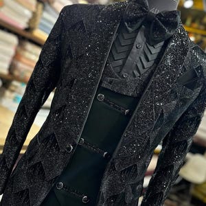 Envío exprés, esmoquin geométrico negro con lentejuelas / Traje de diseñador de lujo de 3 piezas con pajarita / Traje formal llamativo para bodas, bailes de graduación y fiestas