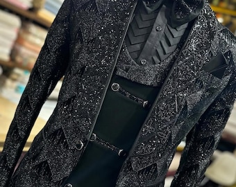Express ship, Black Sequin Geometric Tuxedo | Luxury Designer 3-Piece Suit with Bow Tie | Statement Formal Wear for Wedding, Proms & Parties