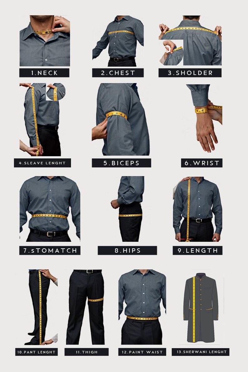 May include: A guide to taking body measurements for clothing. The image shows a person wearing a gray shirt and black pants, with a measuring tape around different body parts, including the neck, chest, and waist. Text labels identify each measurement.