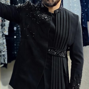 Handmade blue embroidered jodhpuri men,  jodhpuri jacket and kurta for men, indian wedding outfit men, custom made jodhpuri suit, men attire