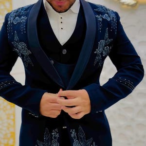 Handmade royal blue embroidered tuxedo, floral blue tuxedo, proms tuxedo, groom tuxedo, custom made tuxedo, all sizes custom
