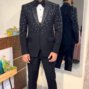Handmade black embroidered tuxedo, pearl black tuxedo, proms tuxedo, groom tuxedo, custom made tuxedo, all sizes custom